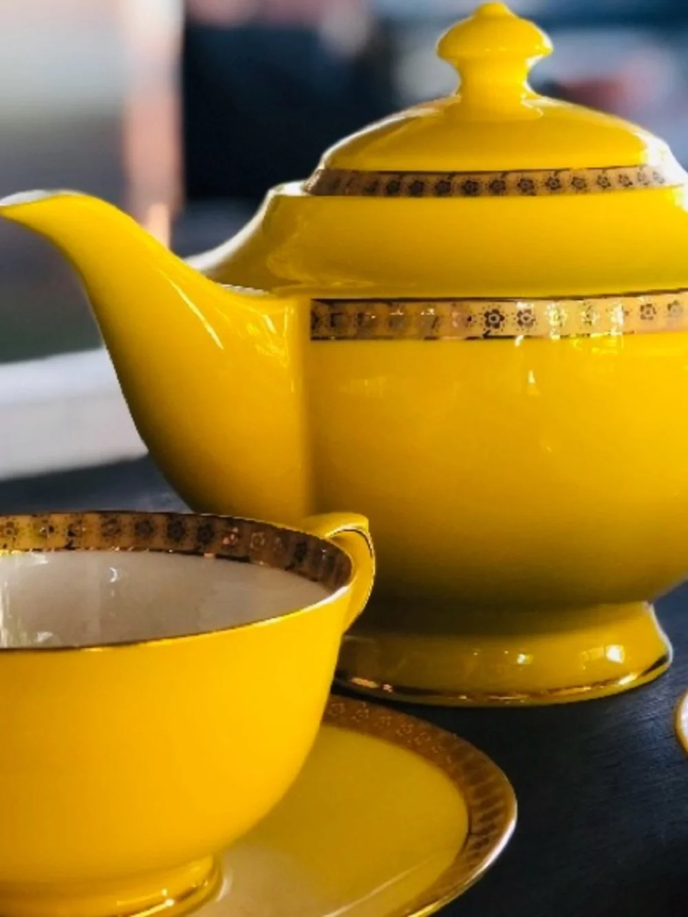 Rare Teavana Noble Poppy Yellow Bone China Tea Set 9 Pc 14k Gold